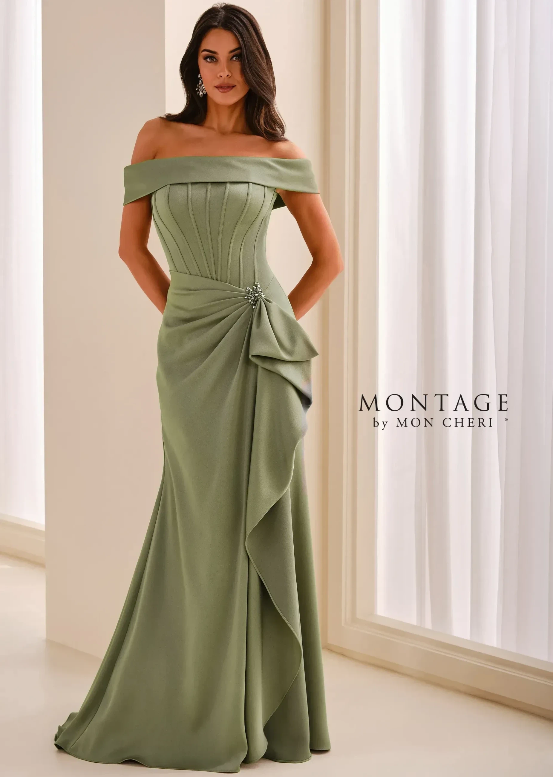 Model wearing a Mon Cheri Mothers Collection gown