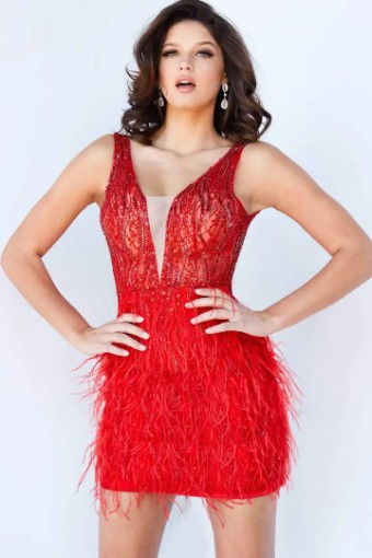 Jovani Beaded V-Neck Feather-Fringed Short Prom Dress #0 Red thumbnail