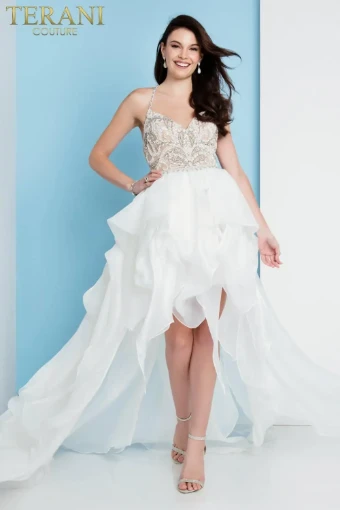 Terani Beaded Spaghetti Strap High Low Prom Dress – 1811P5782 #0 Ivory thumbnail