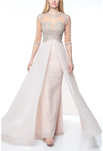 Terani 3/4 Sleeve Illusion Beaded Jewel Neck Overskirt Long Dress – 1911M9670 #0 champane thumbnail