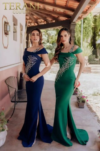 Terani Asymmetrical Mermaid Off Shoulder Beaded Satin Long Dress- 232M1549 #0 Emerald Navy thumbnail