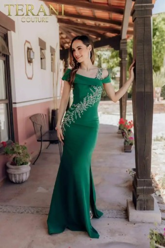 Terani Asymmetrical Mermaid Off Shoulder Beaded Satin Long Dress- 232M1549 #1 Emerald Navy thumbnail