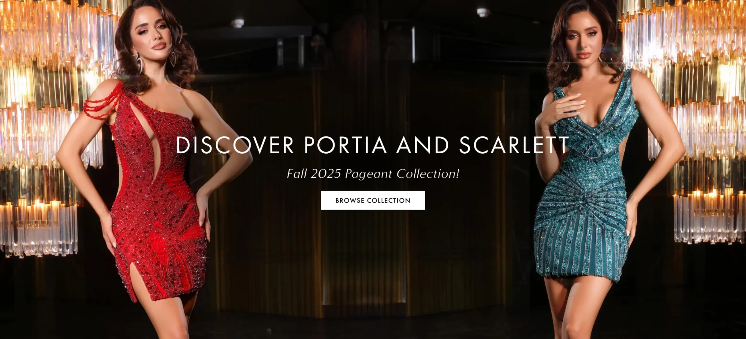 2 Models wearing Portia and Scarlett Fall 2025 gowns, dekstop banner