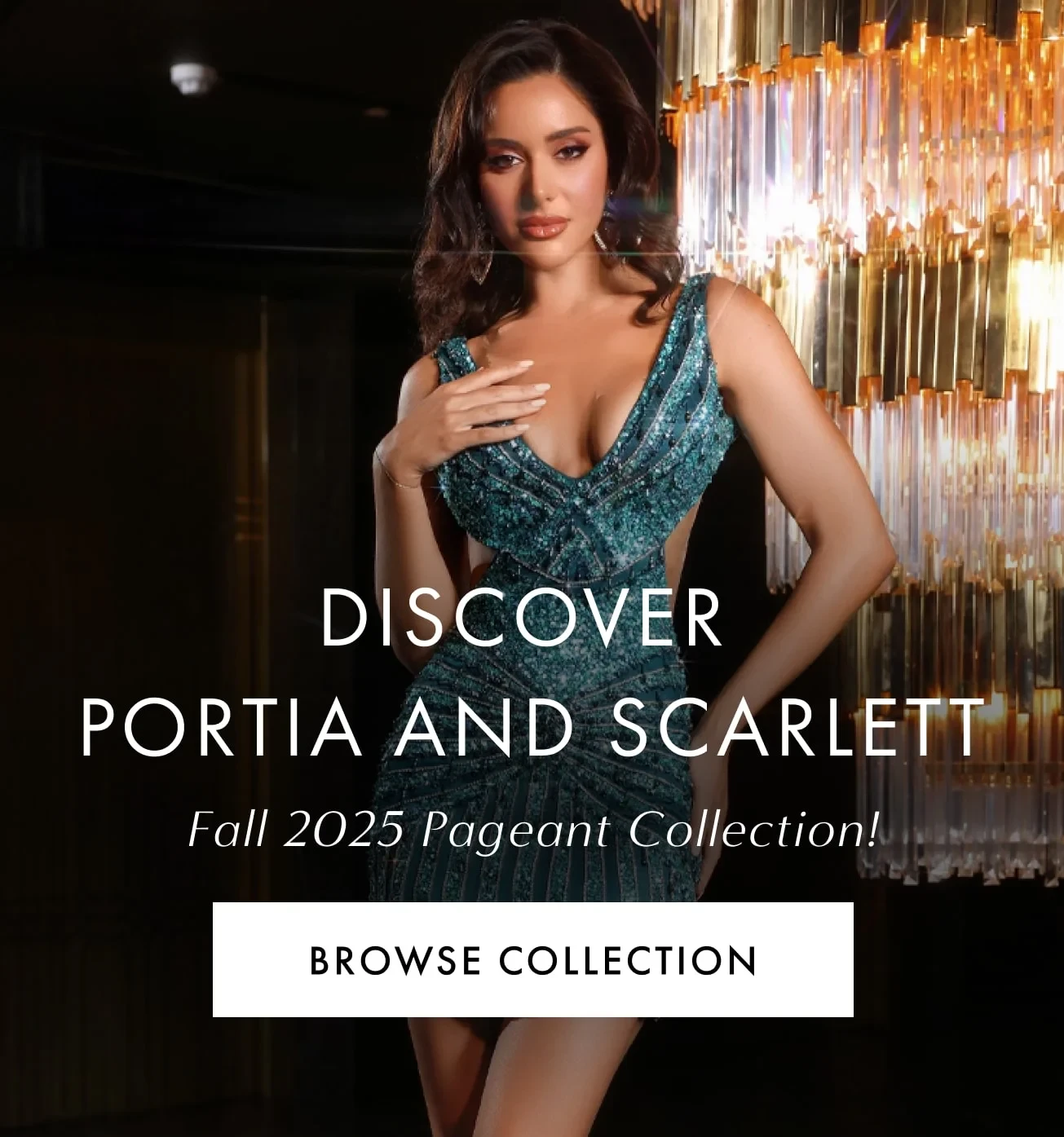 Model wearing Portia and Scarlett Fall 2025 gown, mobile banner