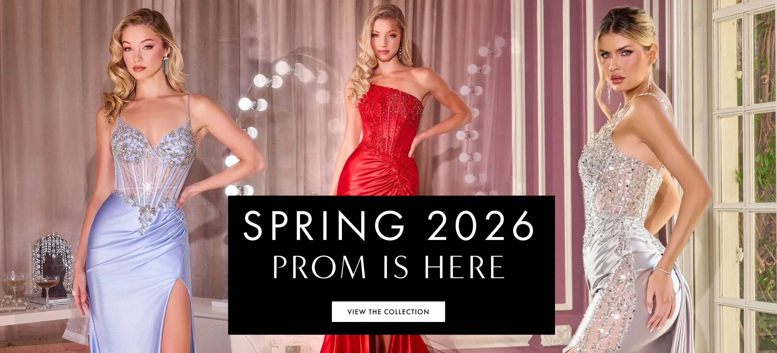 Models wearing Spring 2026 prom dresses, desktop banner