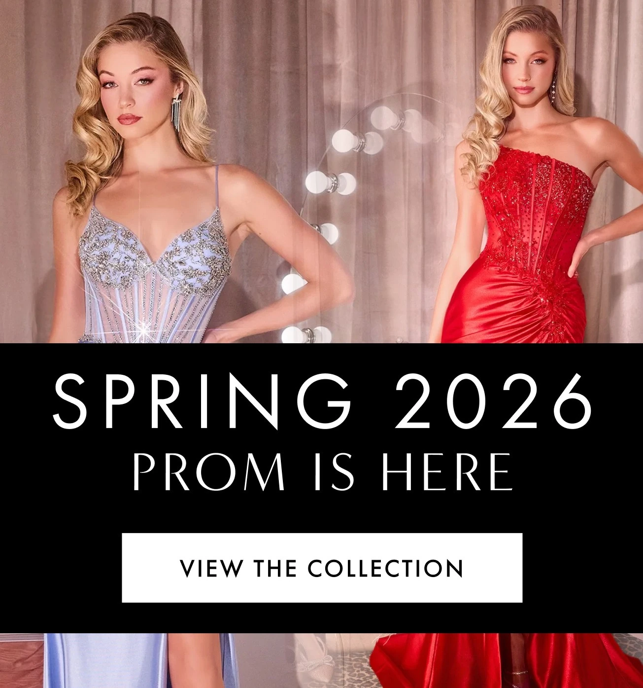 Models wearing Spring 2026 prom dresses, mobile banner
