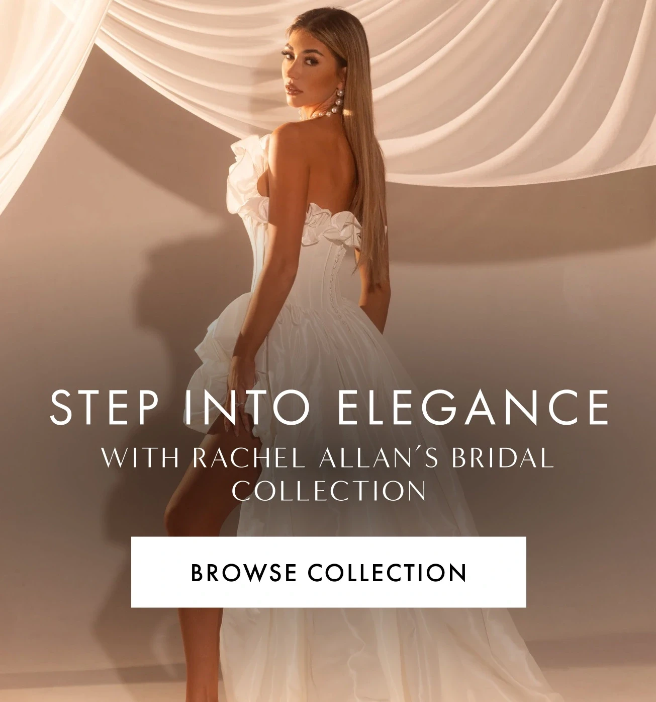 Model wearing Rachel Allan bridal dress, mobile banner