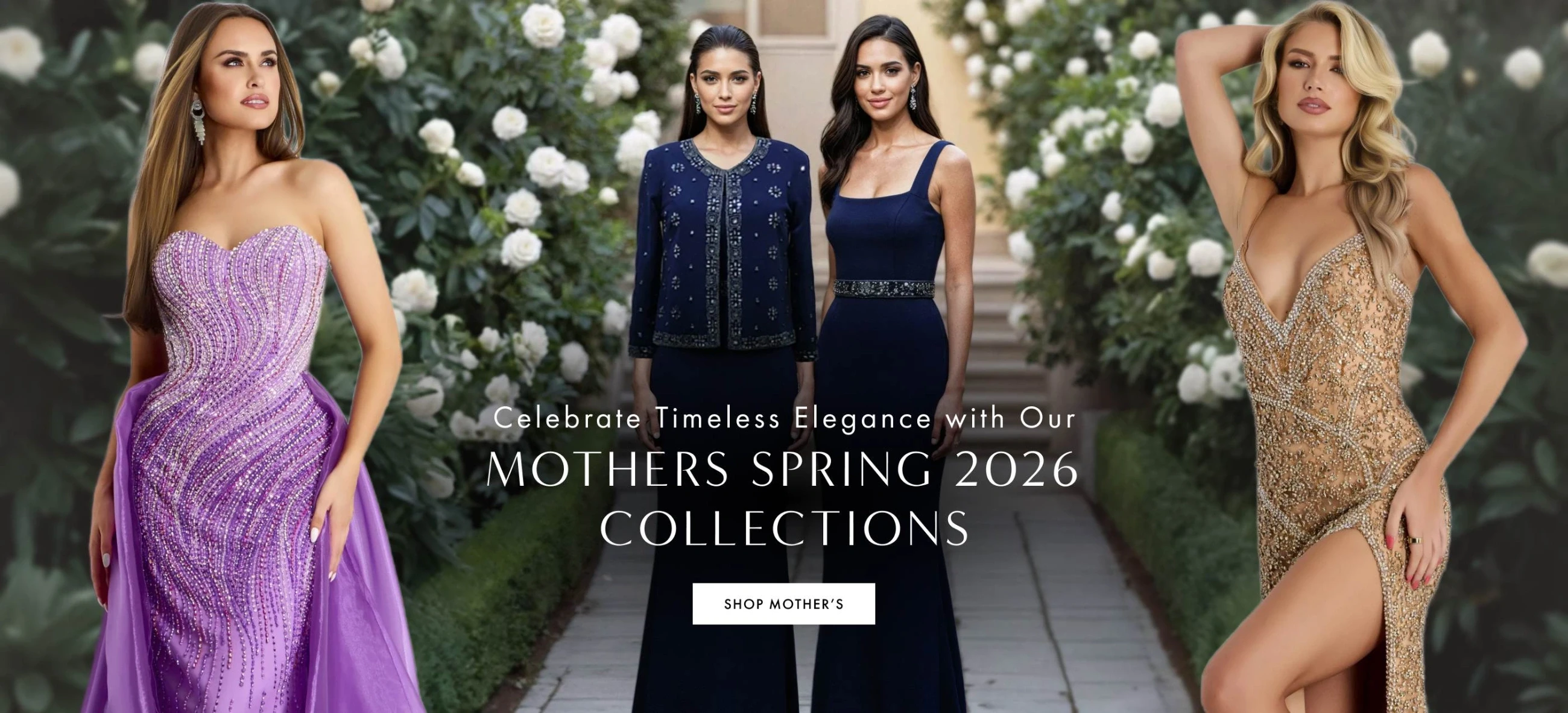 Models wearing Jovani, and Terani mother of the bride dresses, desktop banner