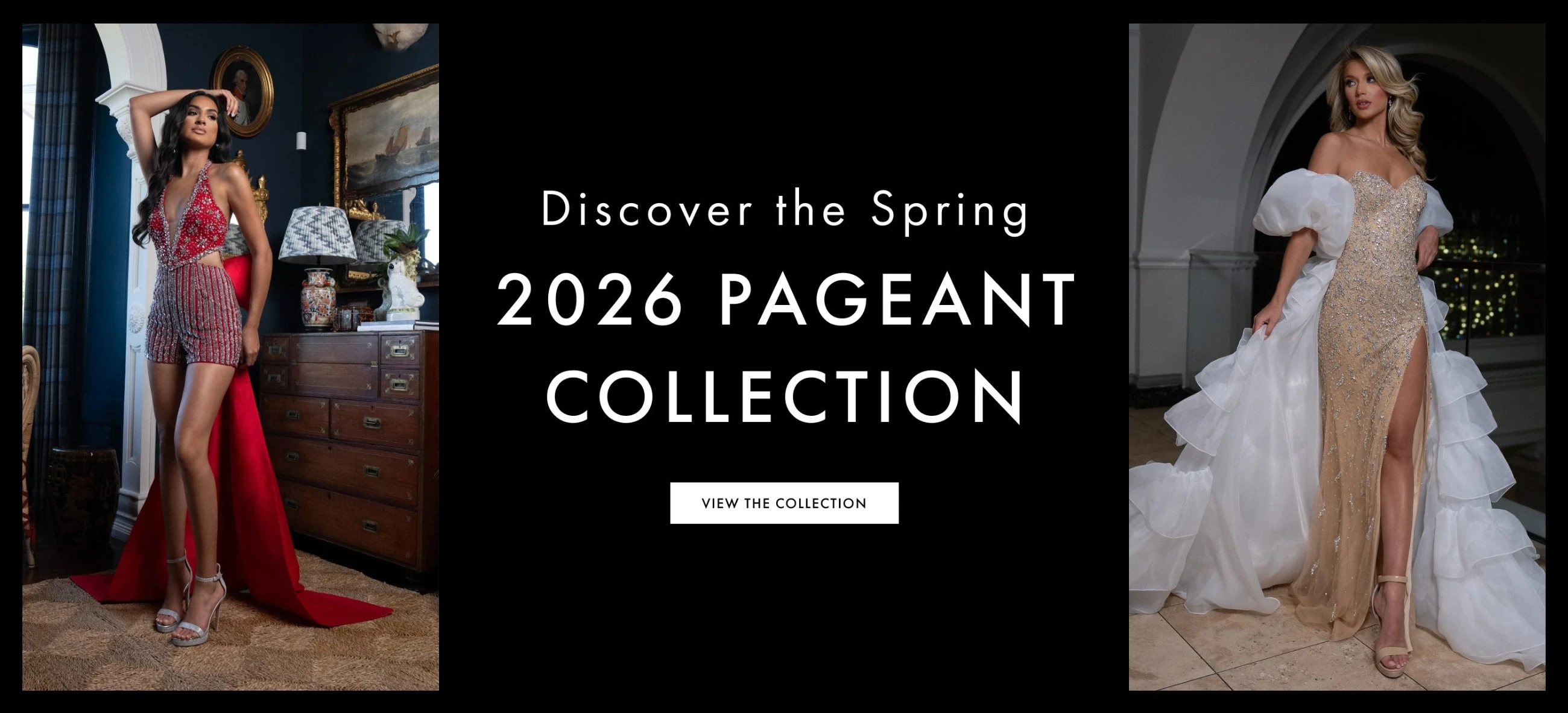 Models wearing 2026 pageant dresses, desktop banner