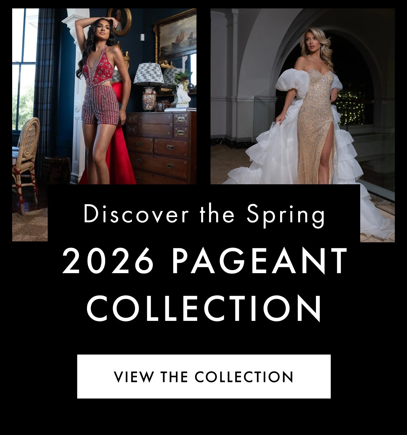 Models wearing 2026 pageant dresses, mobile banner