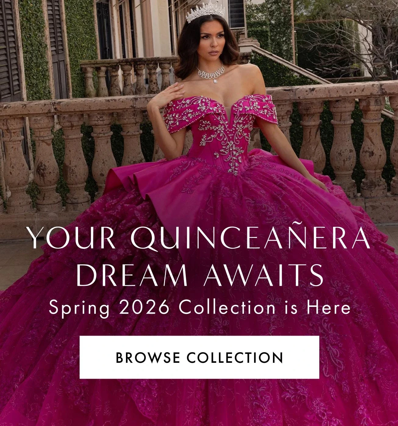 Models wearing Rachel Allan Quinceanera dresses, mobile banner