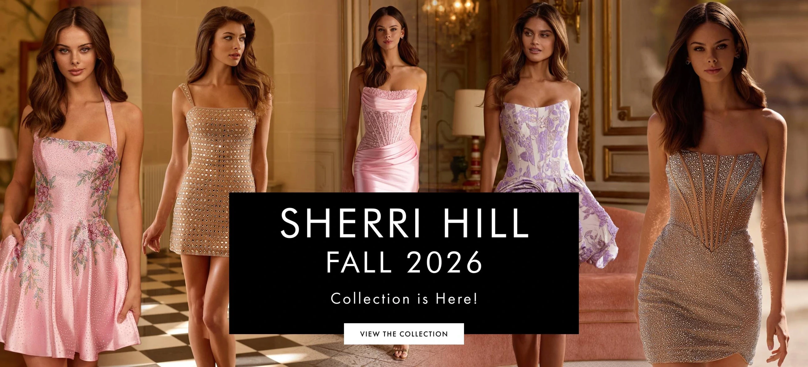 Modesl wearing Sherri Hill homecoming dresses, fall 2026 desktop banner