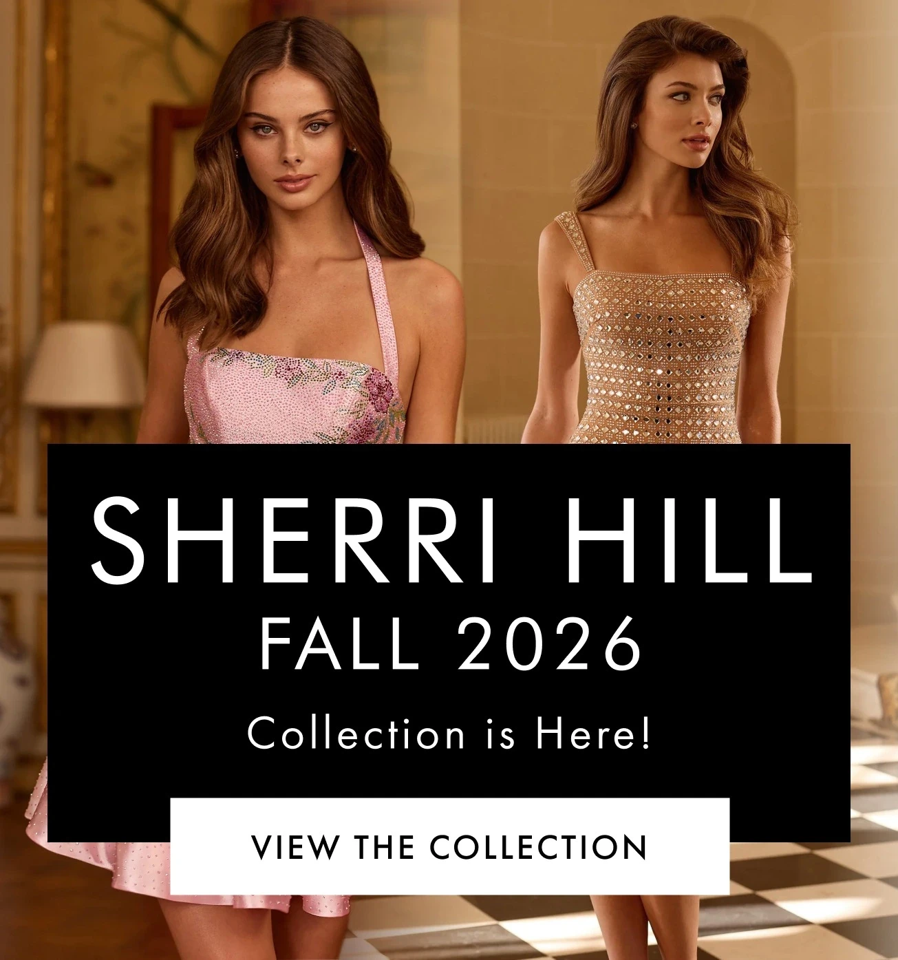 Modesl wearing Sherri Hill homecoming dresses, fall 2026 mobile banner