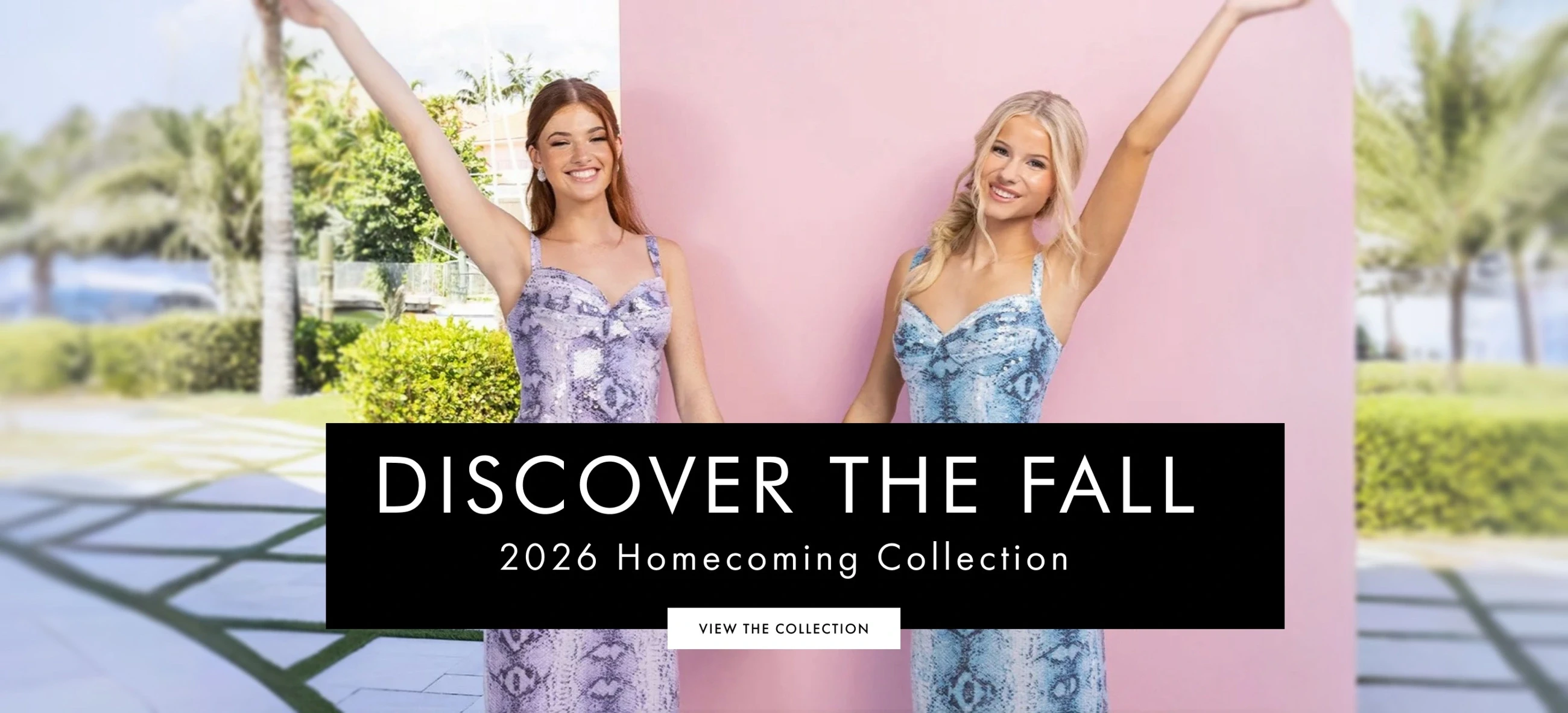 Models wearing homecoming dresses, desktop banner