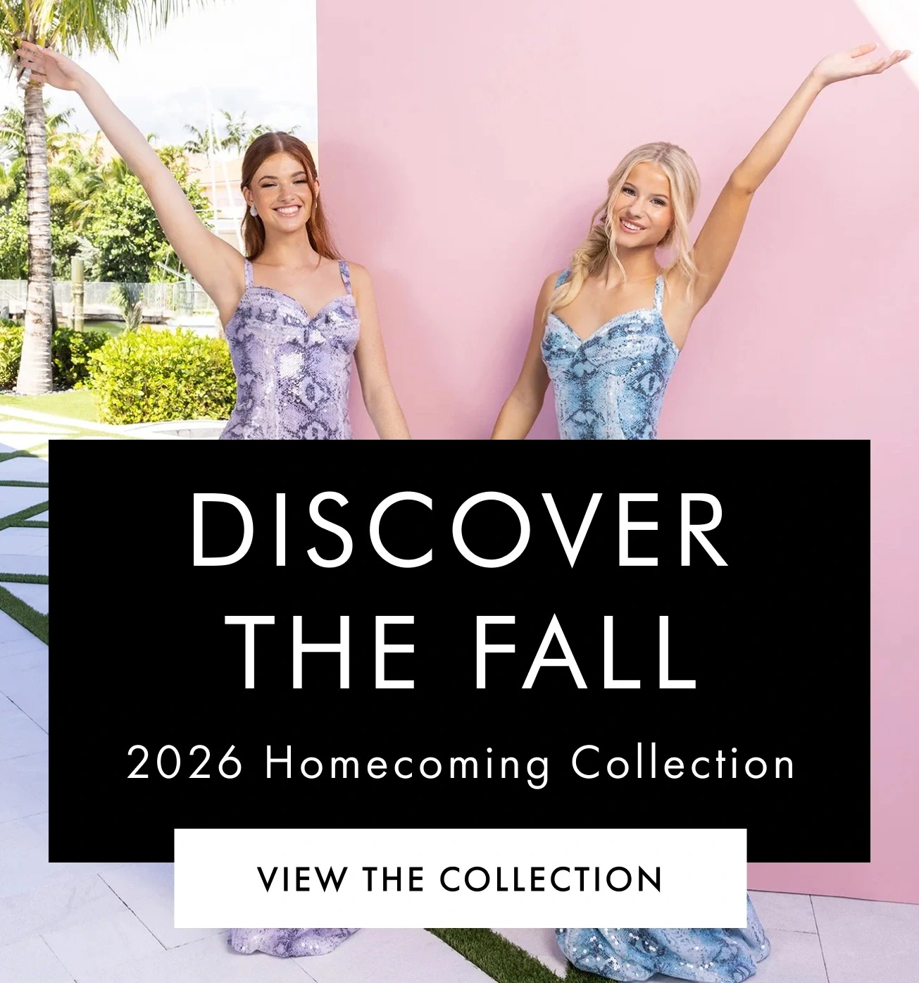 Models wearing homecoming dresses, mobile banner