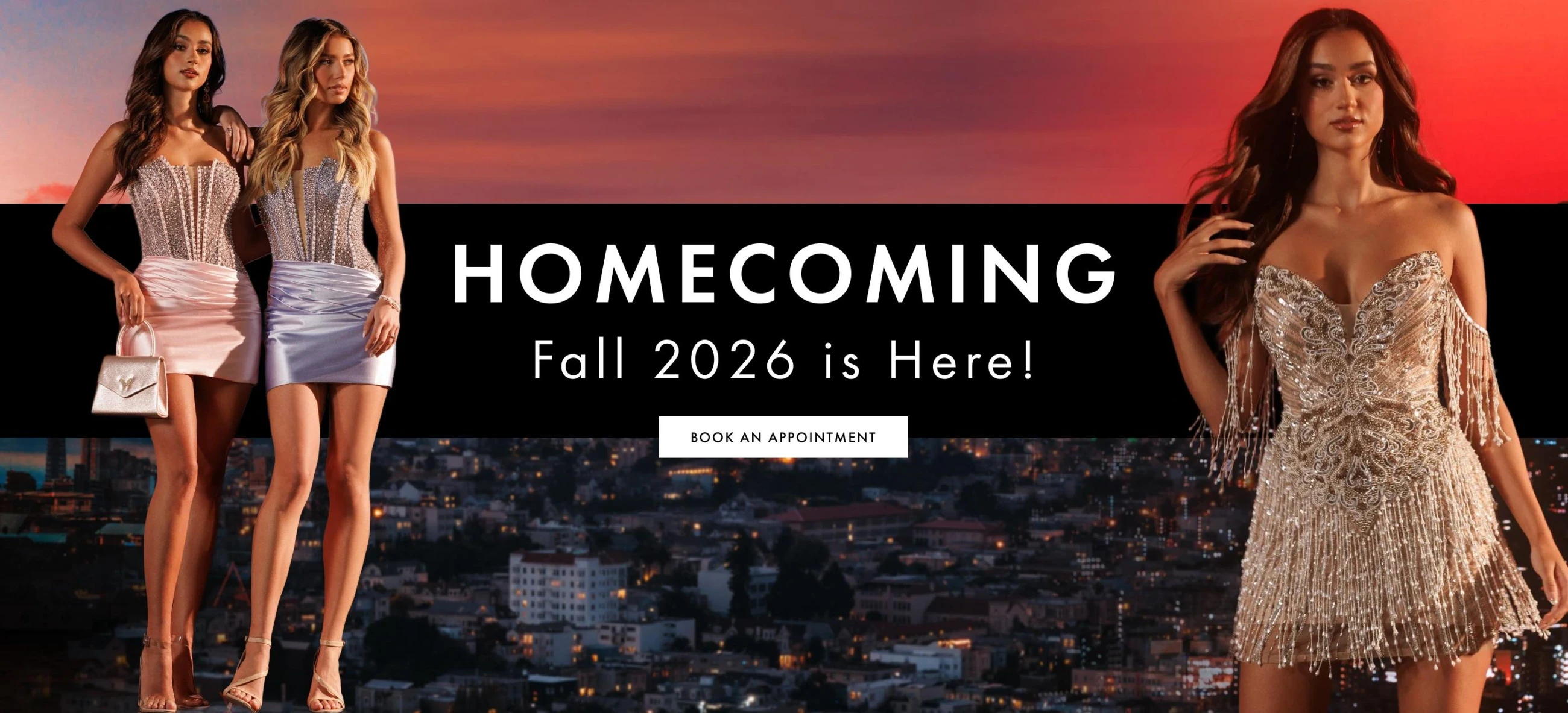 Models wearing homecoming dresses, homecoming Fall 2026 desktop banner
