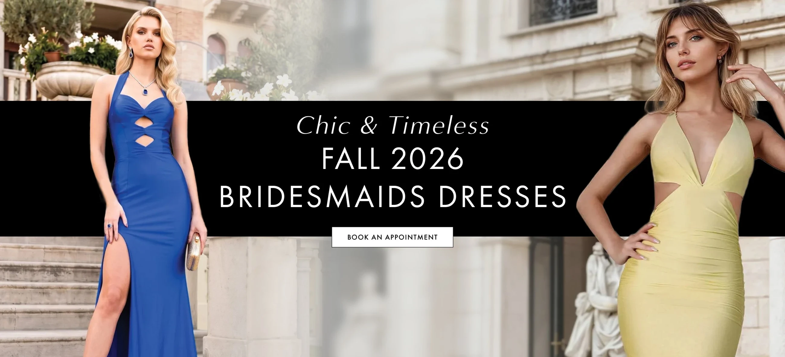 Models wearing bridesmaids dresses, fall 2026 bridesmaids desktop banner