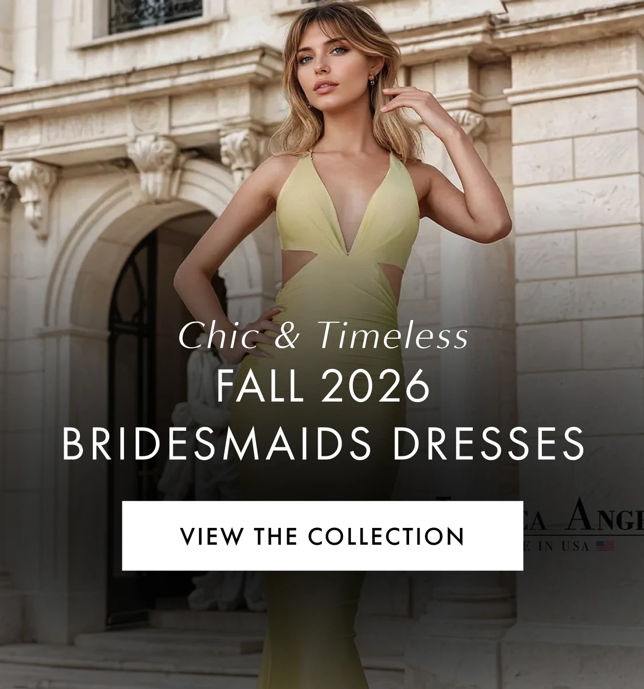 Models wearing bridesmaids dresses, fall 2026 bridesmaids desktop banner